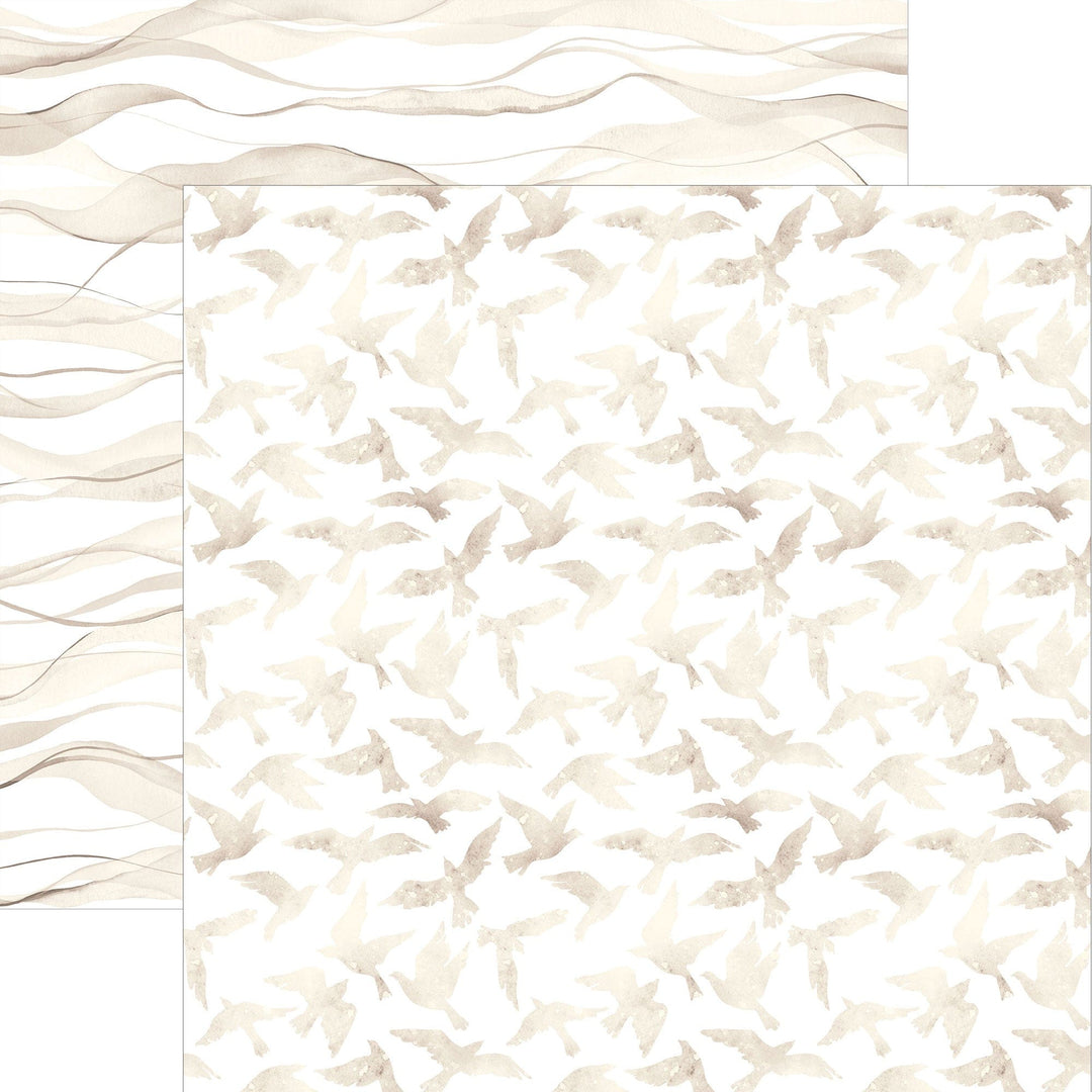 P-2396E - Ivory Watercolor Birds 12 x 12 Scrapbook Paper - Cream and beige watercolor birds scattered across white background with wavy line border design