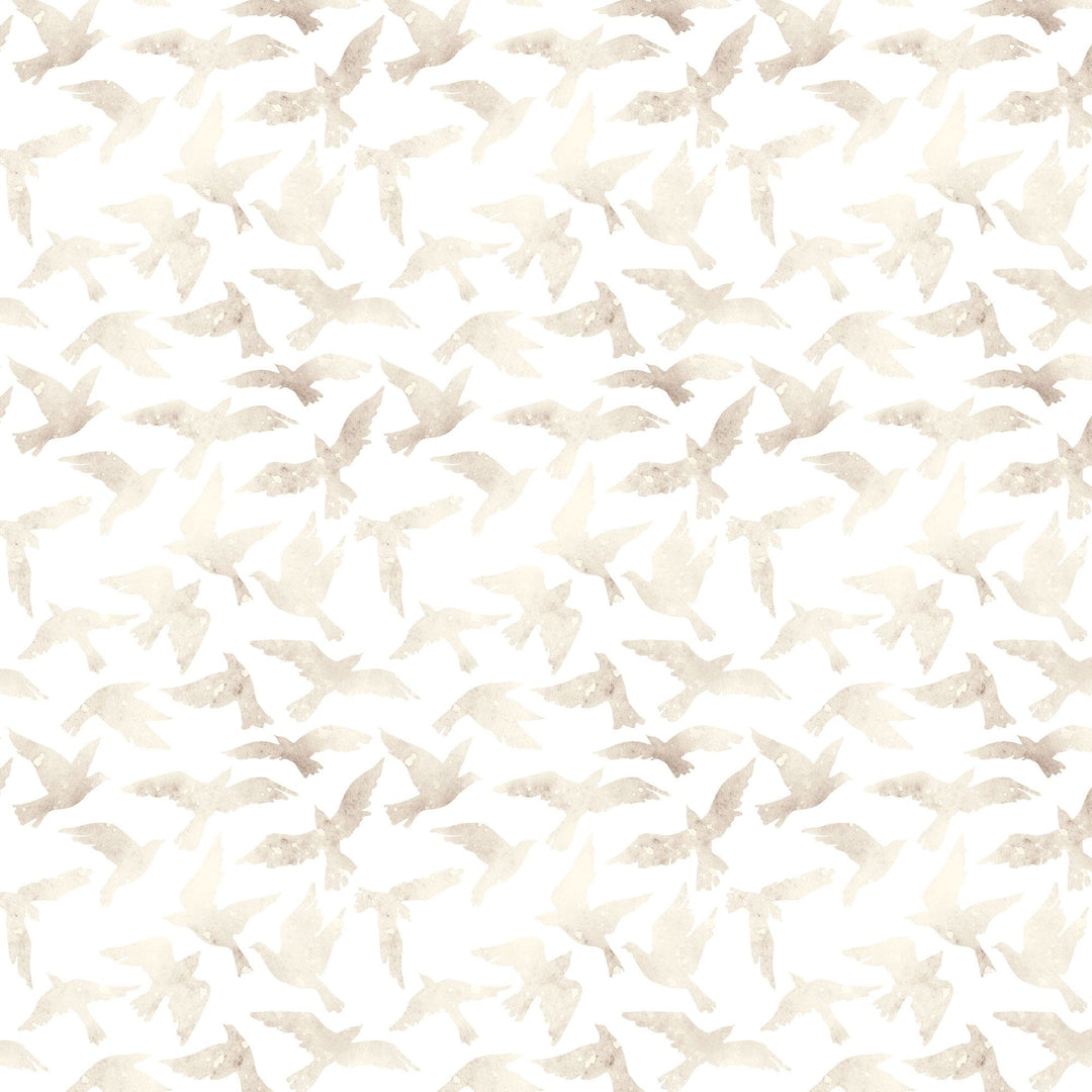 P-2396E - Ivory Watercolor Birds 12 x 12 Scrapbook Paper - Seamless pattern of cream and beige watercolor birds scattered across a white background