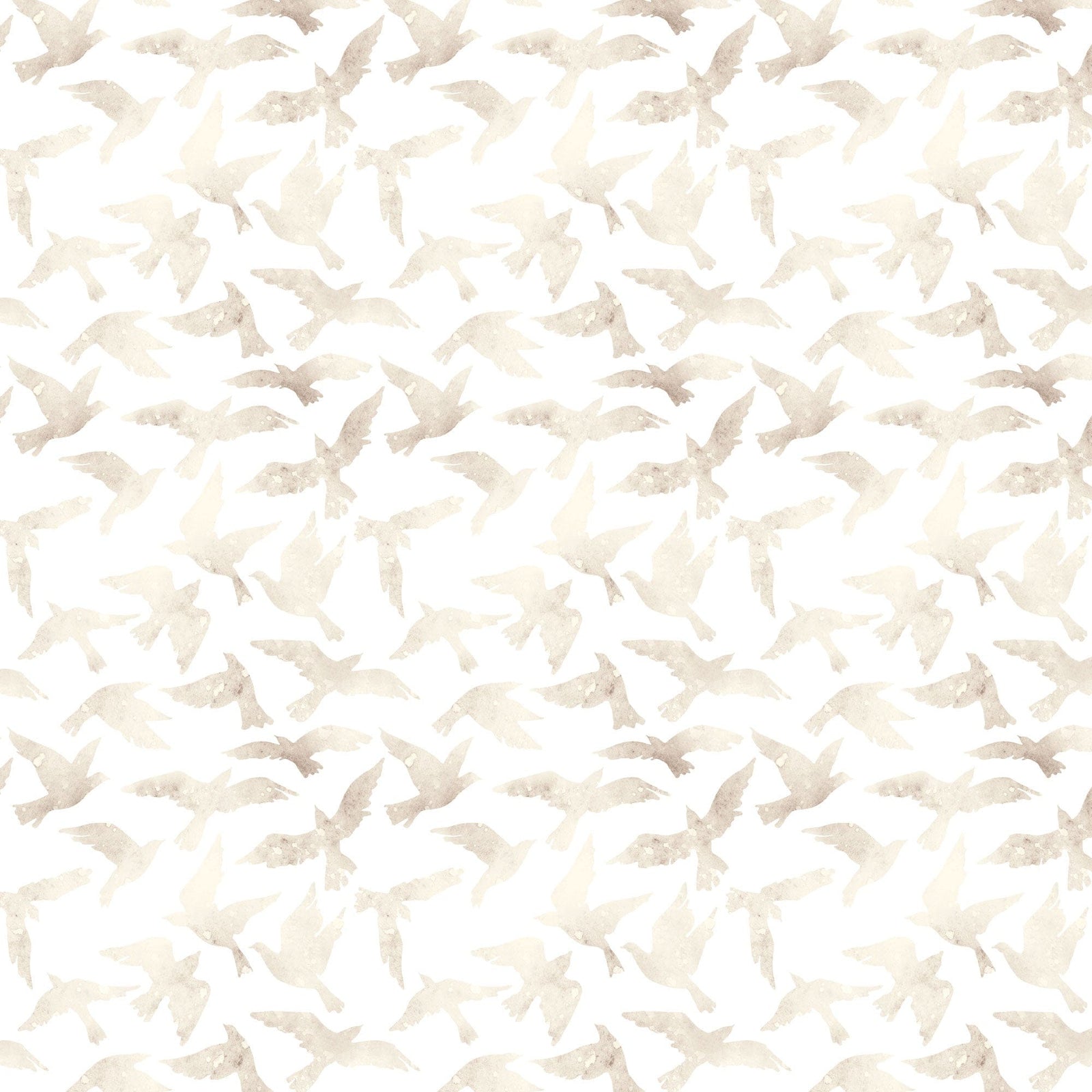 P-2396E - Ivory Watercolor Birds 12 x 12 Scrapbook Paper - Seamless pattern of cream and beige watercolor birds scattered across a white background