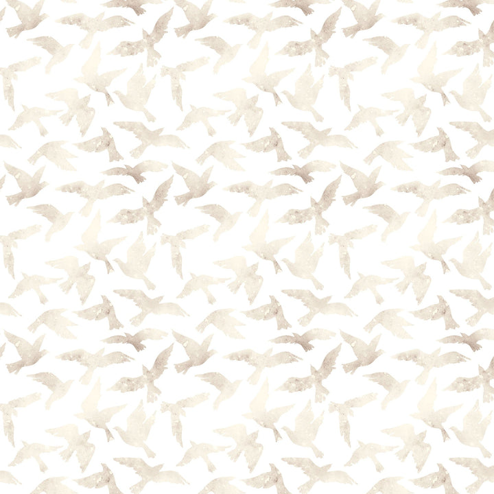 P-2396E - Ivory Watercolor Birds 12 x 12 Scrapbook Paper - Seamless pattern of cream and beige watercolor birds scattered across a white background