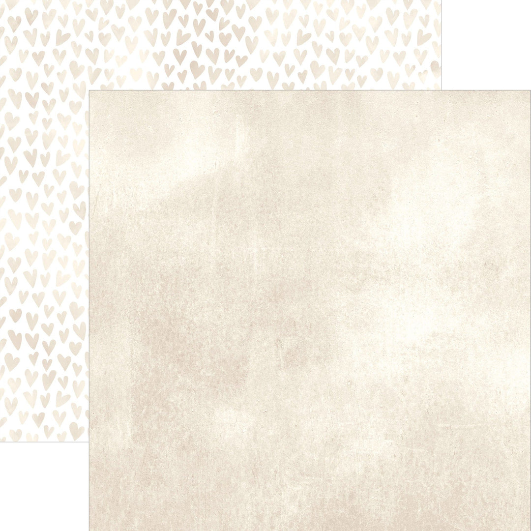 P-2398E - Ivory Watercolor Hearts 12 x 12 Scrapbook Paper - Cream-colored scrapbook paper with repeating tan and beige watercolor heart pattern on left side, solid textured background on right