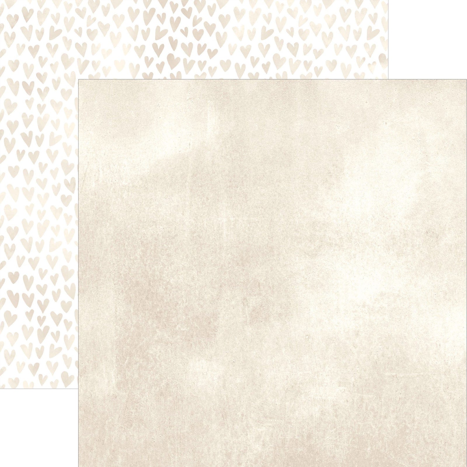 P-2398E - Ivory Watercolor Hearts 12 x 12 Scrapbook Paper - Cream-colored scrapbook paper with repeating tan and beige watercolor heart pattern on left side, solid textured background on right