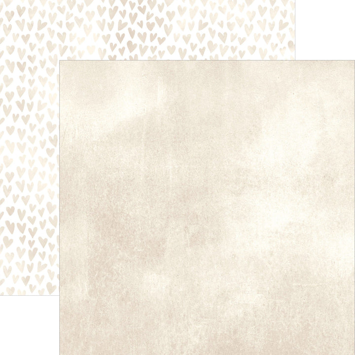 P-2398E - Ivory Watercolor Hearts 12 x 12 Scrapbook Paper - Cream-colored scrapbook paper with repeating tan and beige watercolor heart pattern on left side, solid textured background on right