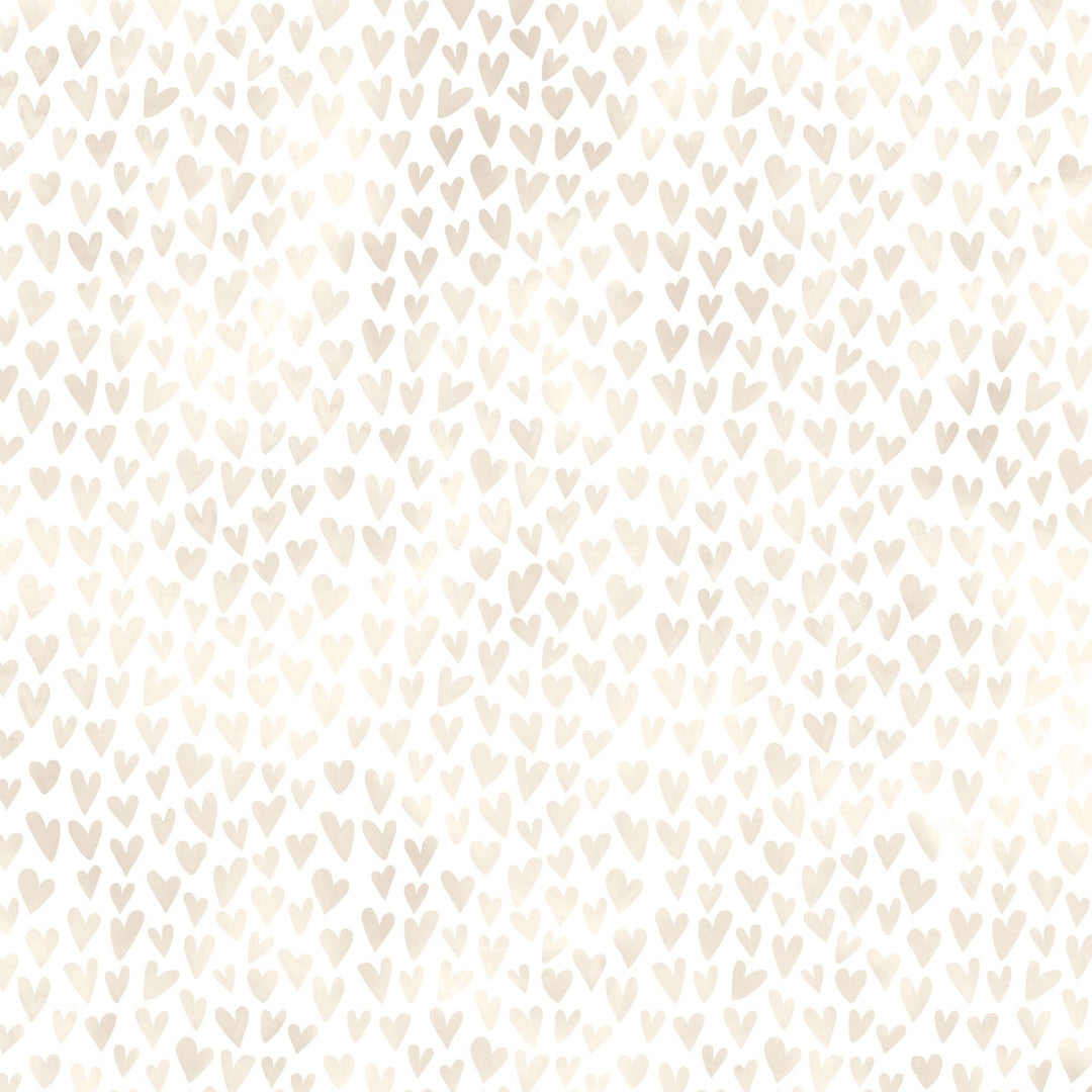 P-2398E - Ivory Watercolor Hearts 12 x 12 Scrapbook Paper - Scattered watercolor hearts in cream and beige tones on a white background