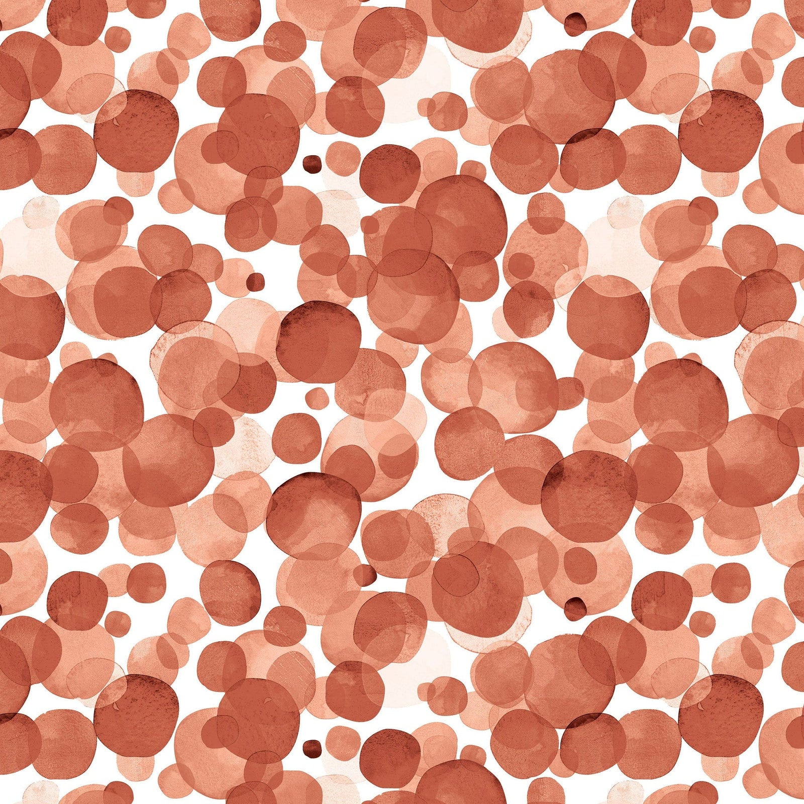 P-2399E - Terra Cotta Watercolor Polka Dots 12 x 12 Scrapbook Paper - Seamless pattern of overlapping terra cotta and peach watercolor circles of varying sizes on white background