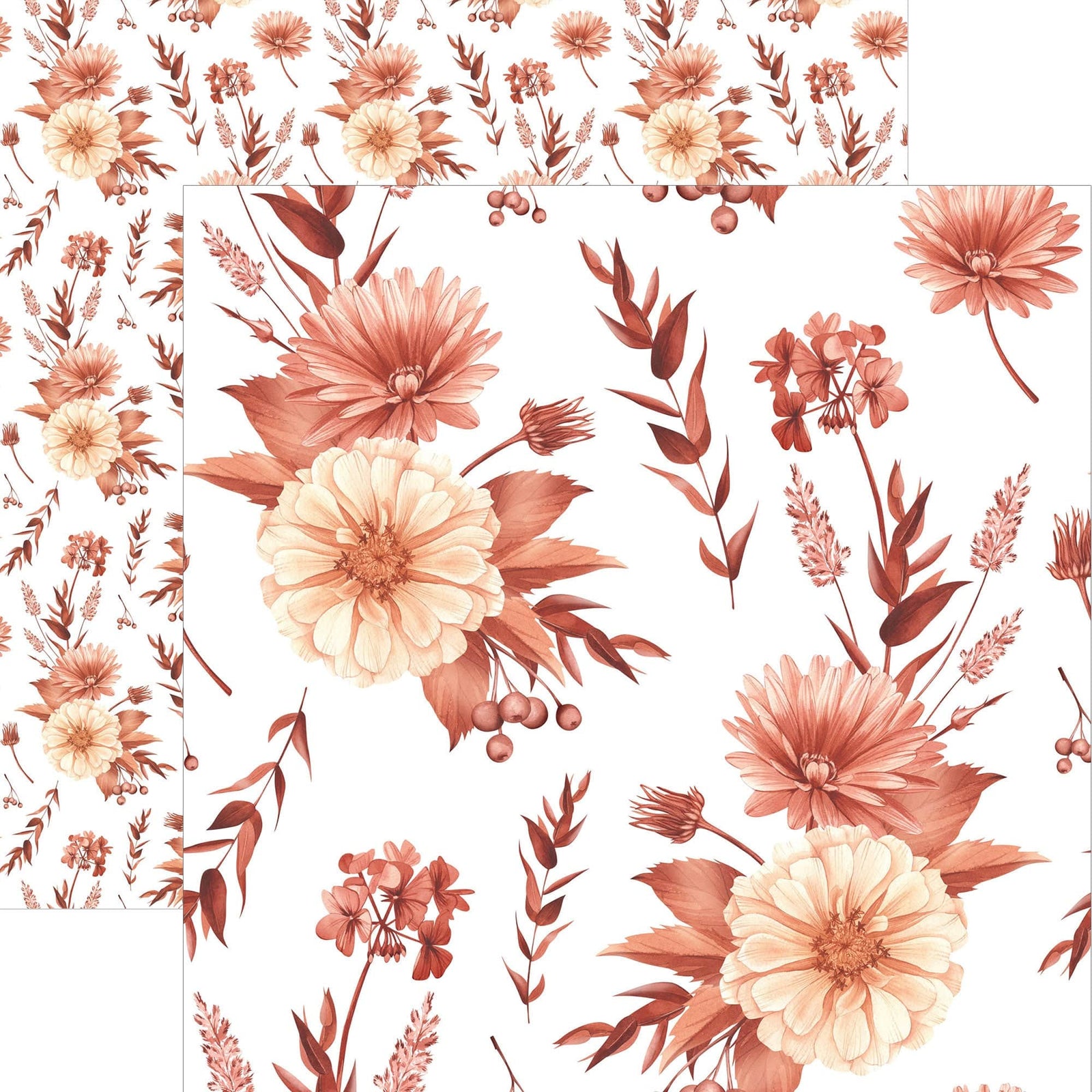 P-2400E - Terra Cotta Watercolor Floral 12 x 12 Scrapbook Paper - Terra cotta and cream watercolor flowers with burgundy foliage scattered across a white background