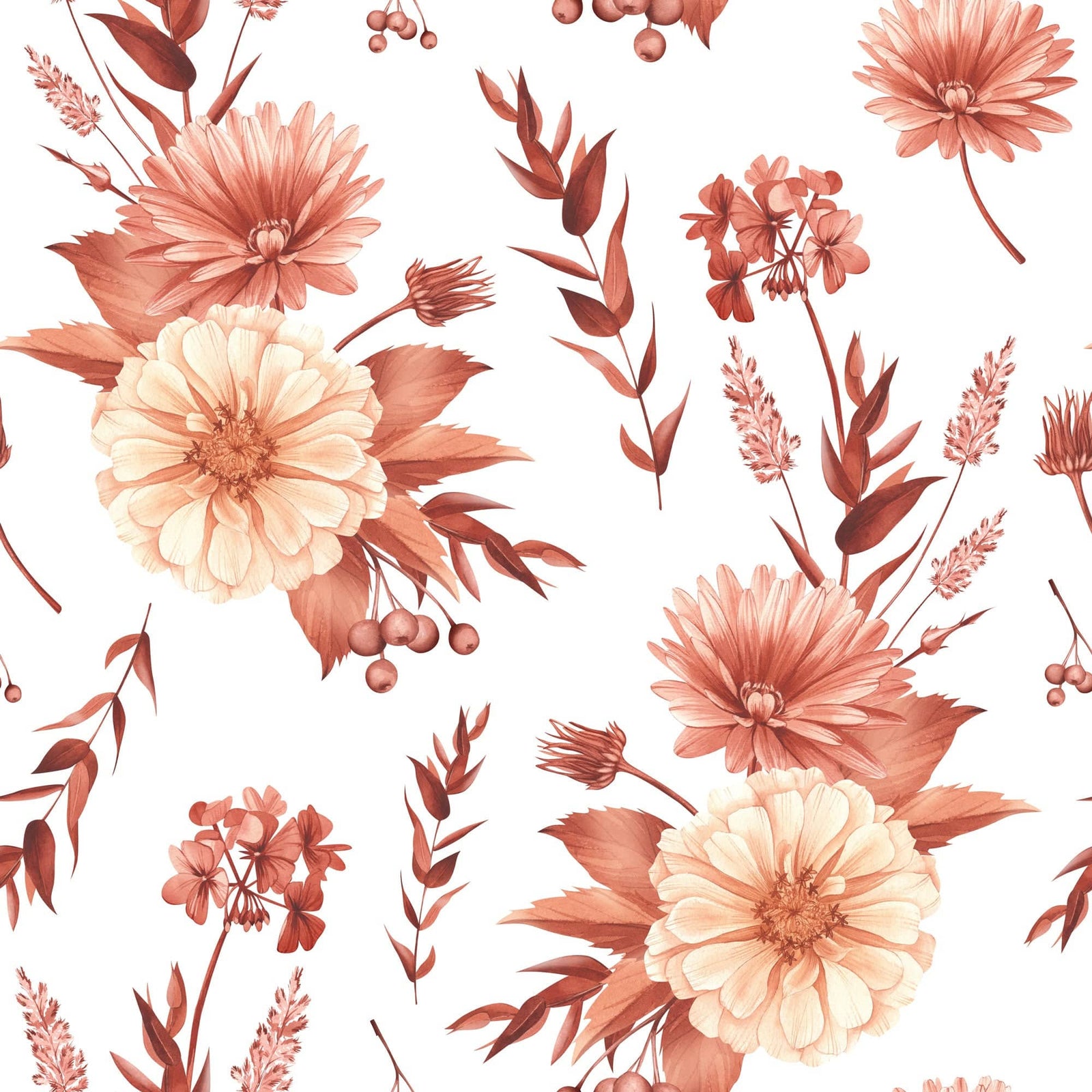 P-2400E - Terra Cotta Watercolor Floral 12 x 12 Scrapbook Paper - Terra cotta and cream watercolor flowers with burgundy leaves and berries scattered on white background