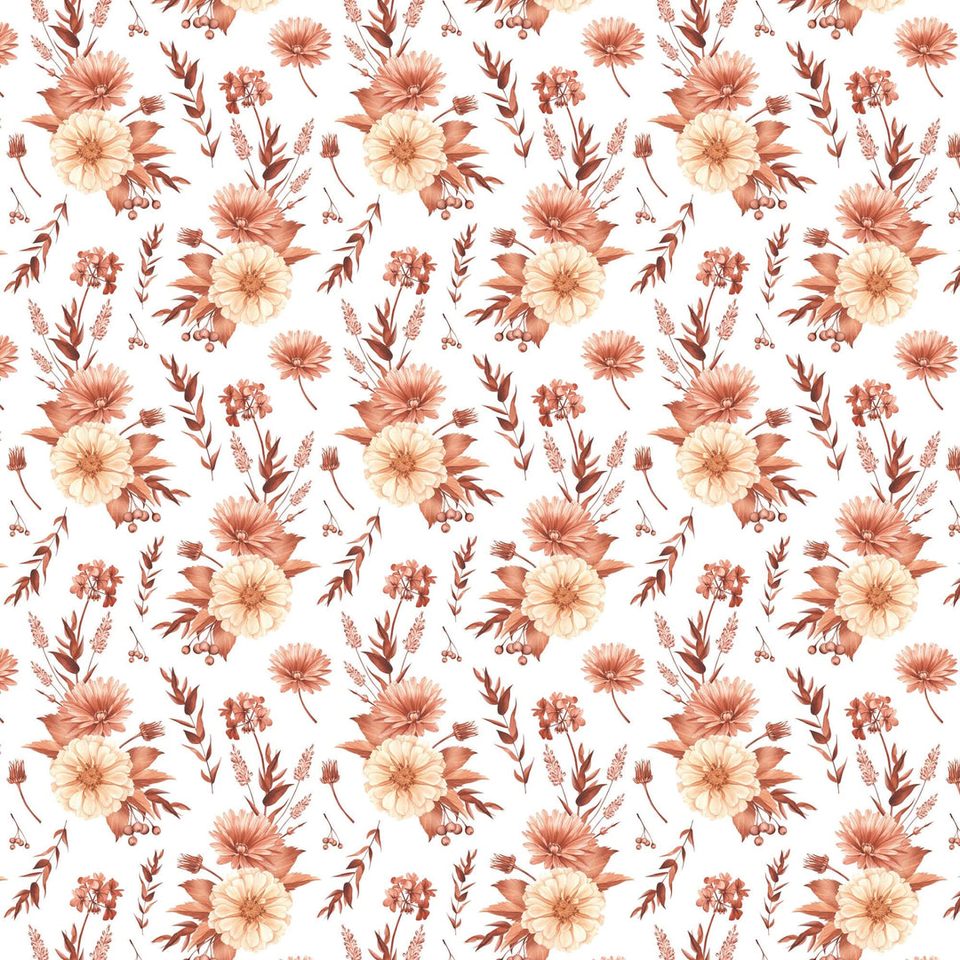 P-2400E - Terra Cotta Watercolor Floral 12 x 12 Scrapbook Paper - Seamless watercolor pattern of terra cotta, peach, and cream flowers with burgundy leaves on white background