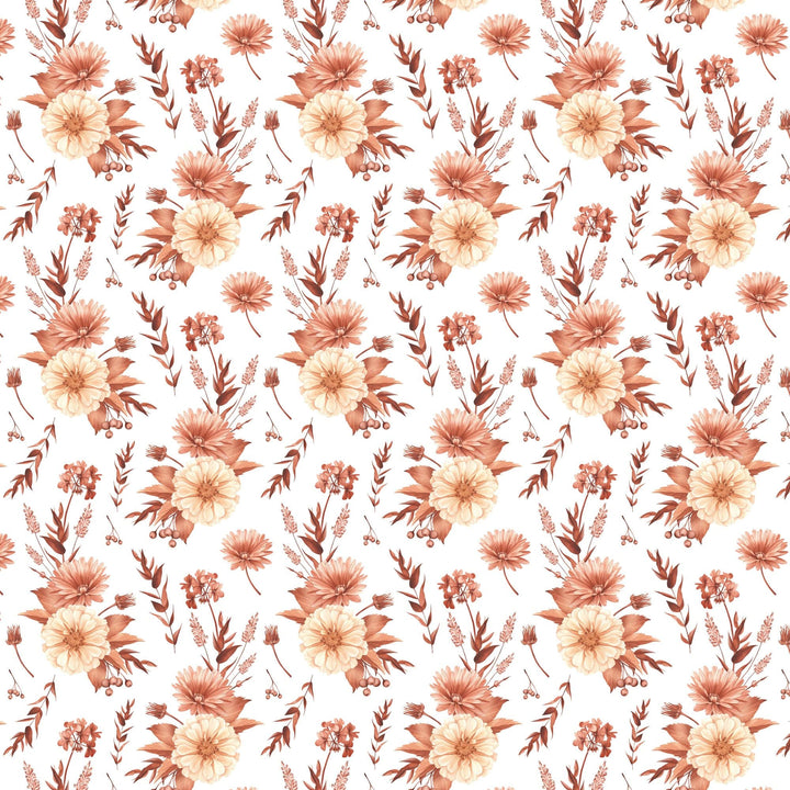 P-2400E - Terra Cotta Watercolor Floral 12 x 12 Scrapbook Paper - Seamless watercolor pattern of terra cotta, peach, and cream flowers with burgundy leaves on white background