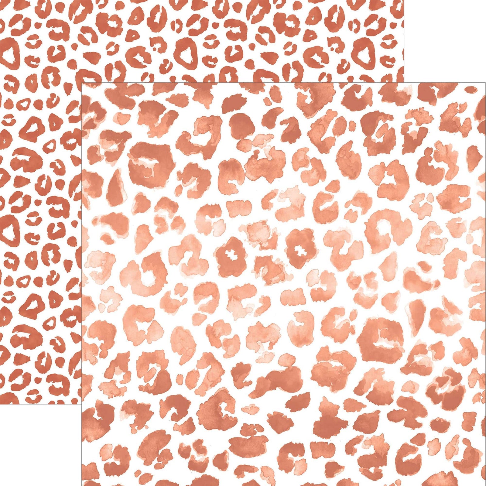 P-2401E - Terra Cotta Watercolor Leopard Print 12 x 12 Scrapbook Paper - Two overlapping sheets of terra cotta watercolor leopard print paper in varying shades and intensities