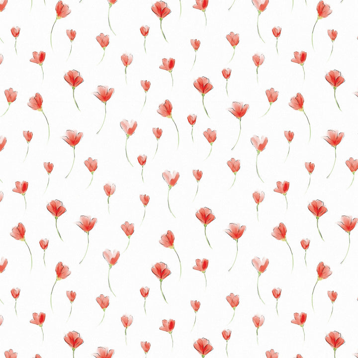P-2402E - Red Watercolor Floral 2 12 x 12 Scrapbook Paper - Red watercolor tulips in varying sizes scattered across a white background in a seamless pattern