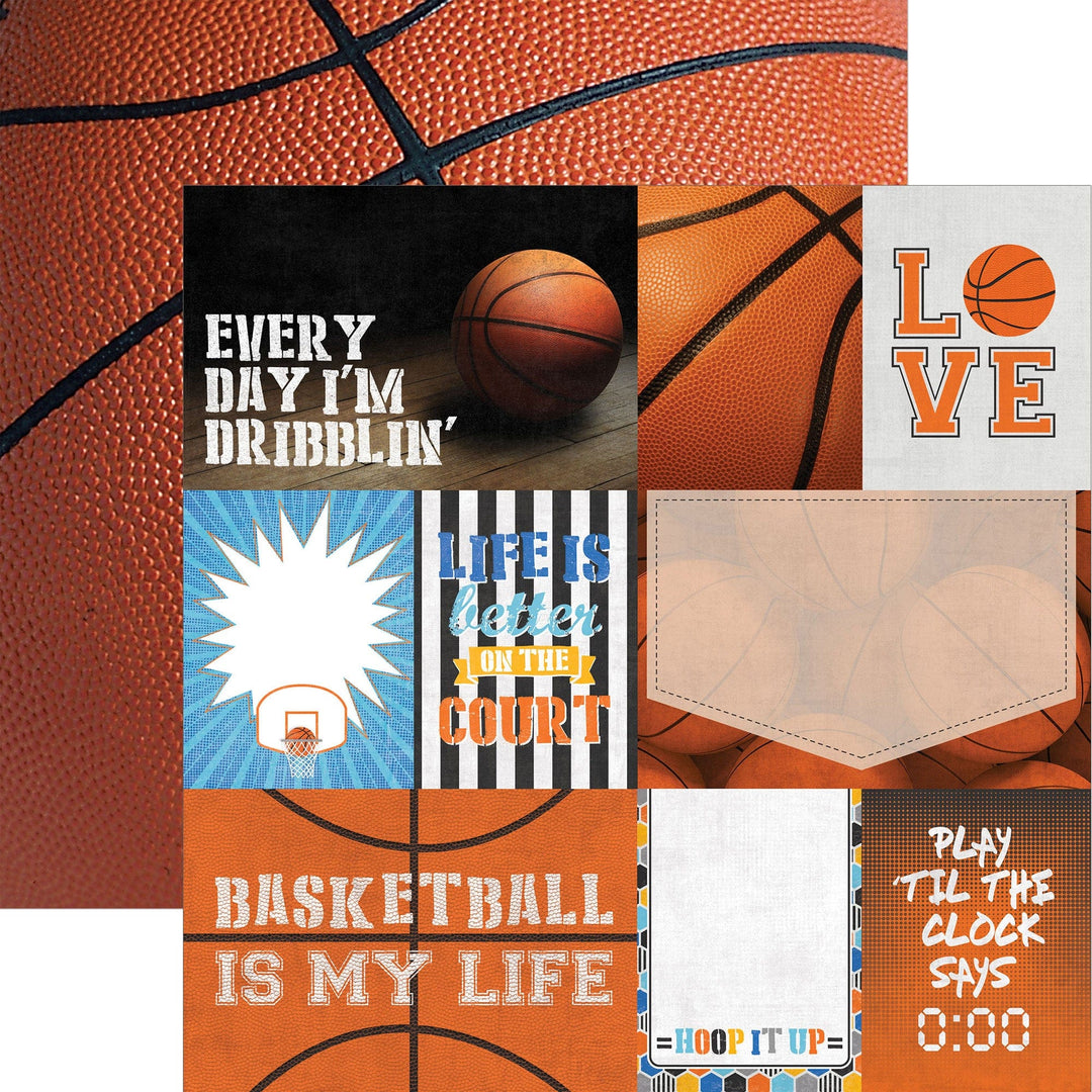 P-2403E - Basketball Tags 12 x 12 Scrapbook Paper - Orange and black basketball-themed scrapbook paper with motivational quotes and court graphics