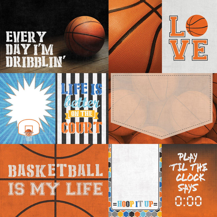 P-2403E - Basketball Tags 12 x 12 Scrapbook Paper - Basketball-themed scrapbook paper sheet with orange, black, and white designs featuring motivational quotes and court imagery