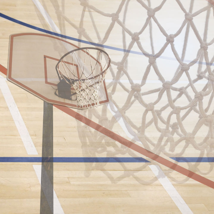 P-2404E - Basketball Court  12 x 12 Scrapbook Paper - Basketball hoop and net with backboard on wooden court floor with red and blue line markings