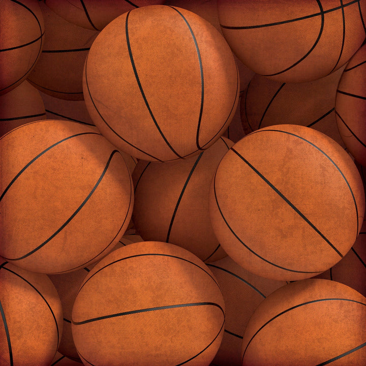 P-2404E - Basketball Court  12 x 12 Scrapbook Paper - Multiple orange basketballs with black curved lines arranged closely together as a repeating pattern
