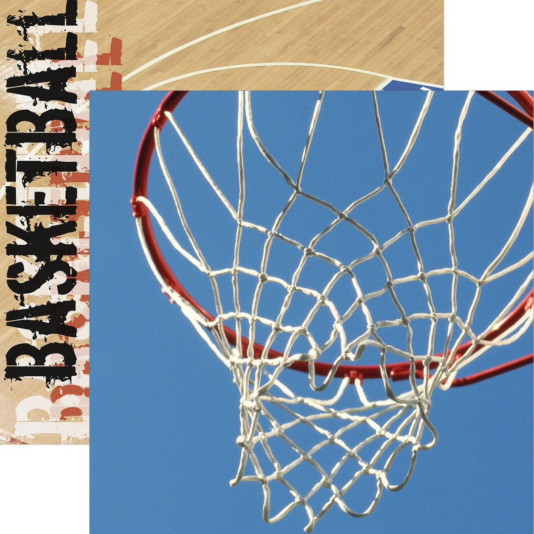 P-2405E - Basketball Hoop 12 x 12 Scrapbook Paper - Basketball hoop with red rim and white net against blue sky background on wooden texture with decorative border
