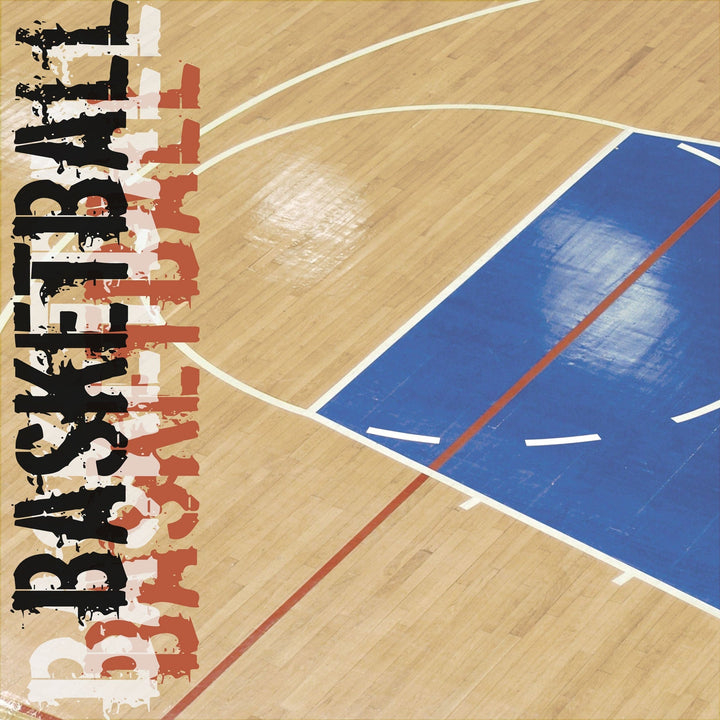 P-2405E - Basketball Hoop 12 x 12 Scrapbook Paper - Basketball court-themed scrapbook paper with blue paint, wooden floor, court lines, and silhouettes of players along the left edge