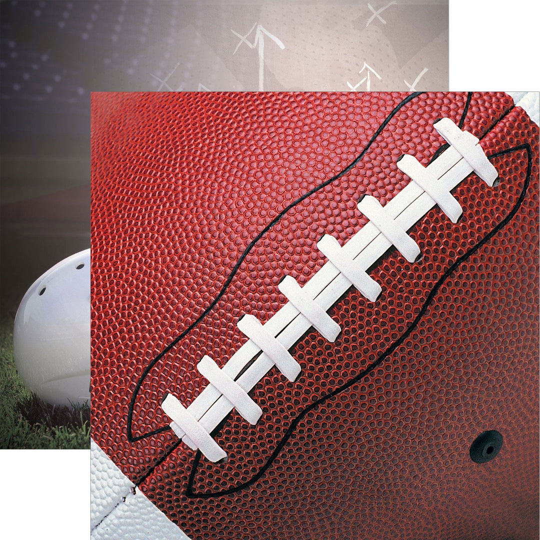P-2406E - Football 12 x 12 Scrapbook Paper - Red football with white laces next to a white baseball on grass with field markers in background