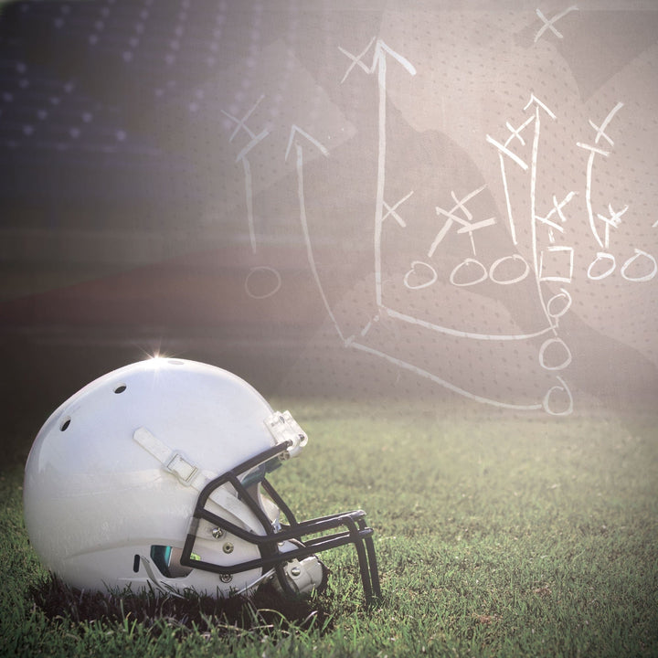 P-2406E - Football 12 x 12 Scrapbook Paper - White football helmet on grass with chalk play diagram sketched on board background