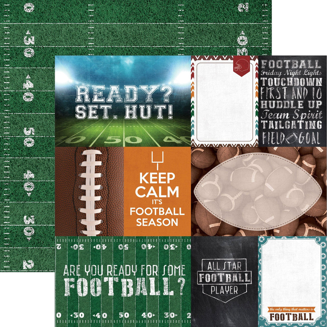 P-2407E - Football Tags 12 x 12 Scrapbook Paper - Six football-themed scrapbook paper designs featuring fields, footballs, motivational text, and team spirit graphics in green, orange, and brown