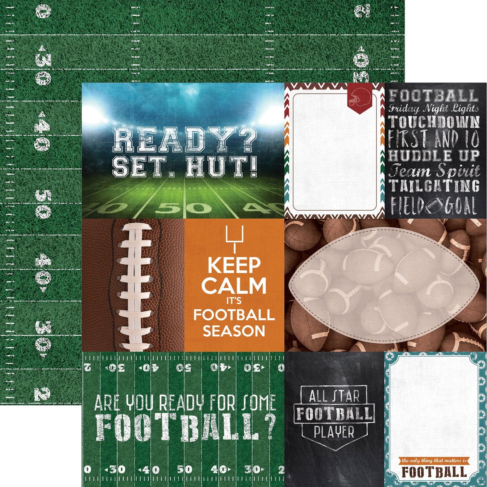P-2407E - Football Tags 12 x 12 Scrapbook Paper - Six football-themed scrapbook paper designs featuring fields, footballs, motivational text, and team spirit graphics in green, orange, and brown