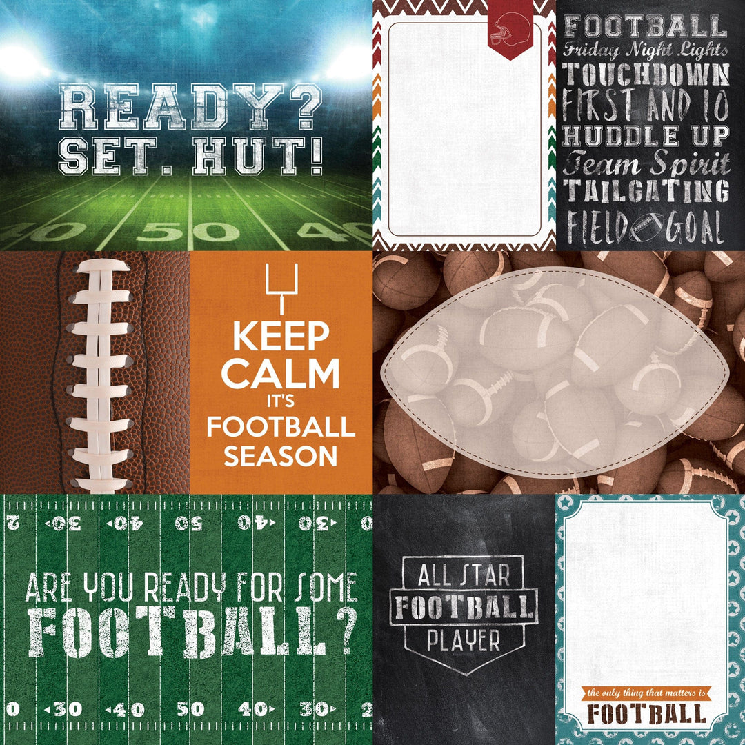 P-2407E - Football Tags 12 x 12 Scrapbook Paper - Nine football-themed paper designs featuring stadium scenes, motivational quotes, footballs, and field patterns in orange, green, brown, and teal