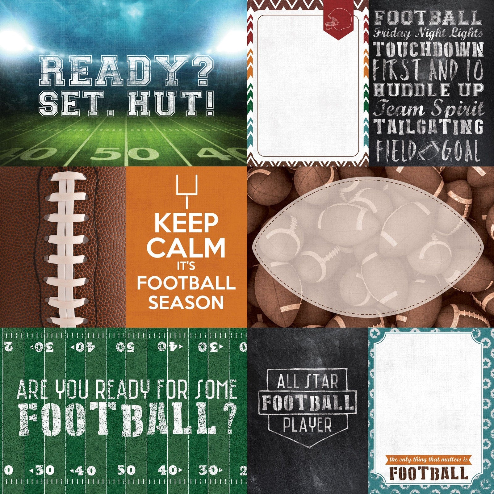 P-2407E - Football Tags 12 x 12 Scrapbook Paper - Nine football-themed paper designs featuring stadium scenes, motivational quotes, footballs, and field patterns in orange, green, brown, and teal