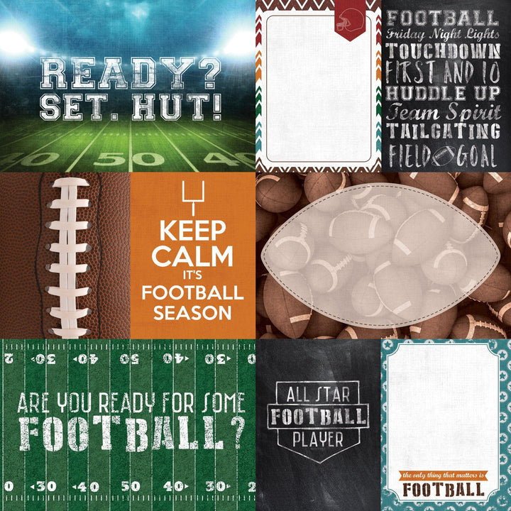 P-2407E - Football Tags 12 x 12 Scrapbook Paper - Nine football-themed paper designs featuring stadium scenes, motivational quotes, footballs, and field patterns in orange, green, brown, and teal
