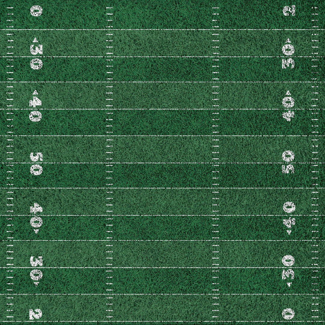 P-2407E - Football Tags 12 x 12 Scrapbook Paper - Green football field pattern with white yard line markings and team logo emblems arranged in rows