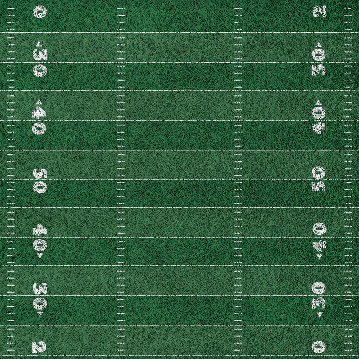 P-2407E - Football Tags 12 x 12 Scrapbook Paper - Green football field pattern with white yard line markings and team logo emblems arranged in rows