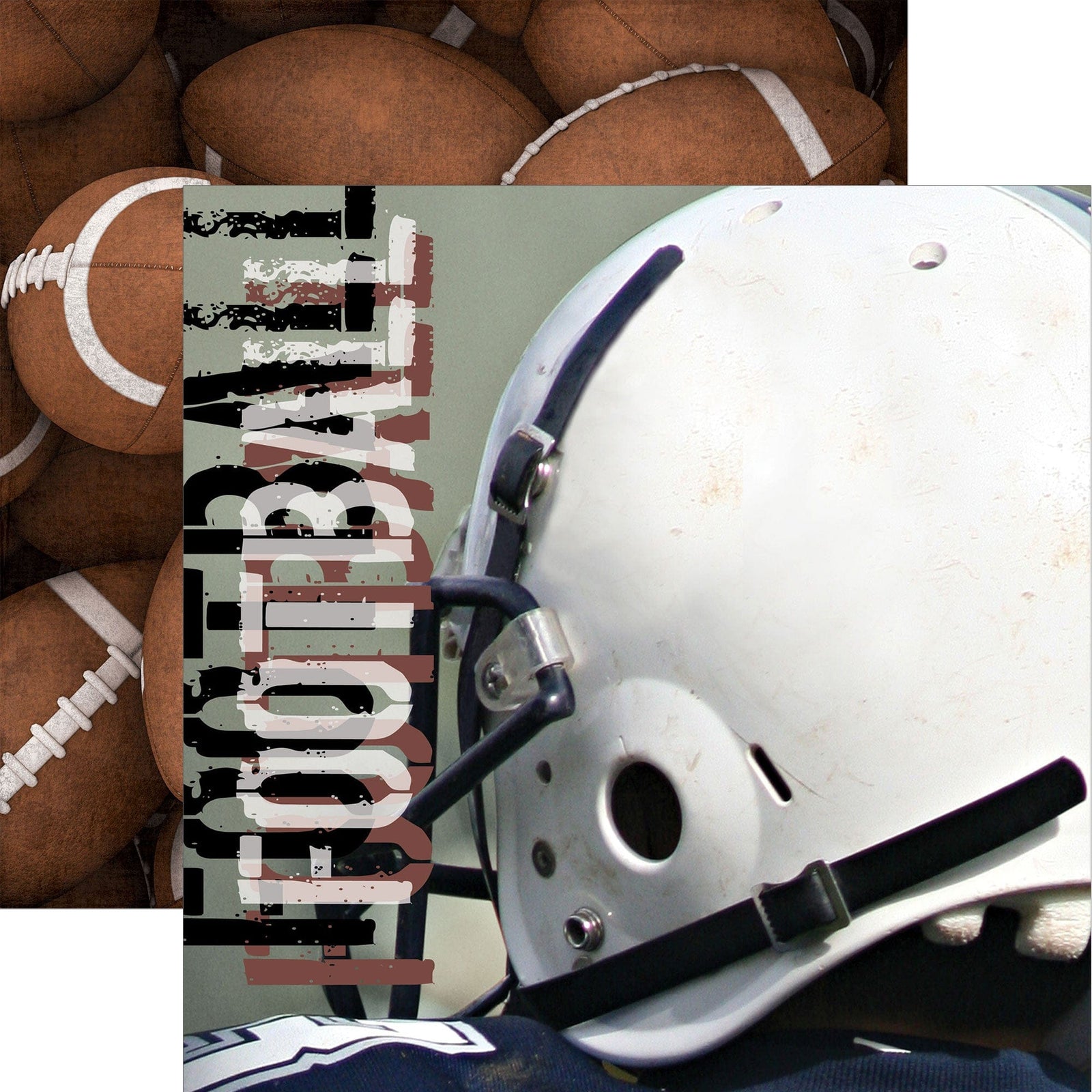 P-2408E - Football Helmet 12 x 12 Scrapbook Paper - White football helmet with black chin strap displayed next to brown footballs and coordinating scrapbook paper