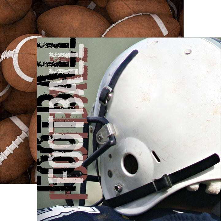 P-2408E - Football Helmet 12 x 12 Scrapbook Paper - White football helmet with black chin strap displayed next to brown footballs and coordinating scrapbook paper
