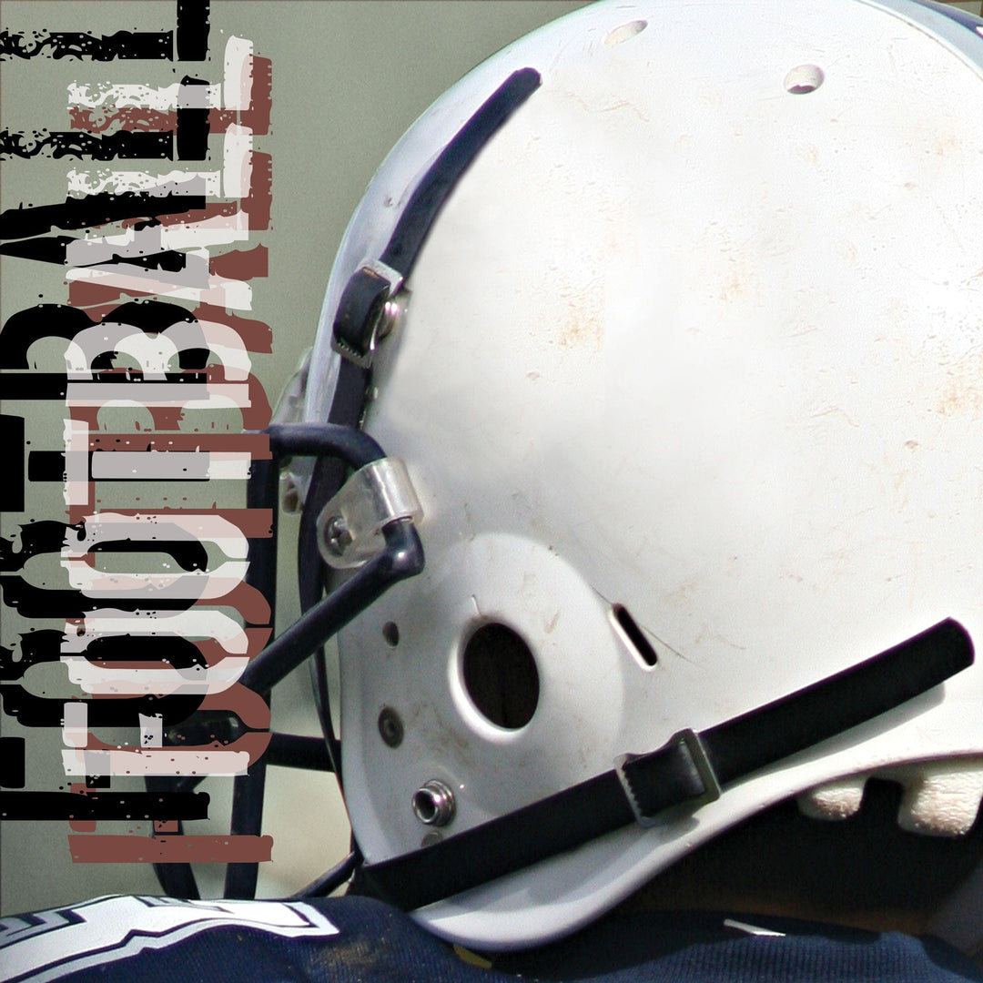 P-2408E - Football Helmet 12 x 12 Scrapbook Paper - White football helmet with black face mask and chin strap displayed next to decorative striped scrapbook paper