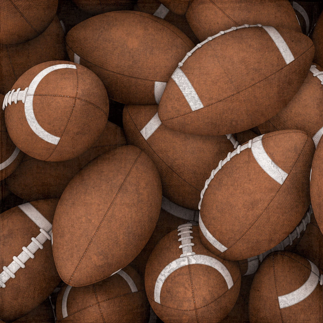 P-2408E - Football Helmet 12 x 12 Scrapbook Paper - Brown leather footballs with white laces and stripes arranged in a dense, overlapping pattern