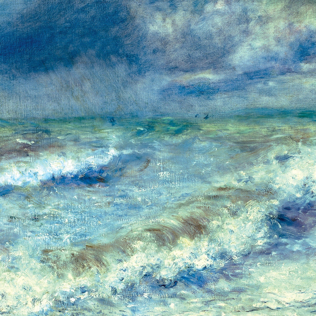 P-2409E - Fine Art - Seascape 12 x 12 Scrapbook Paper - Impressionist-style seascape with rolling waves, white foam, and soft blue-green tones under a cloudy sky