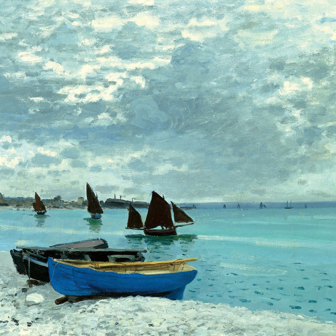 P-2409E - Fine Art - Seascape 12 x 12 Scrapbook Paper - Coastal seascape with blue boat on sandy shore, dark sailing vessels on turquoise water, and cloudy sky
