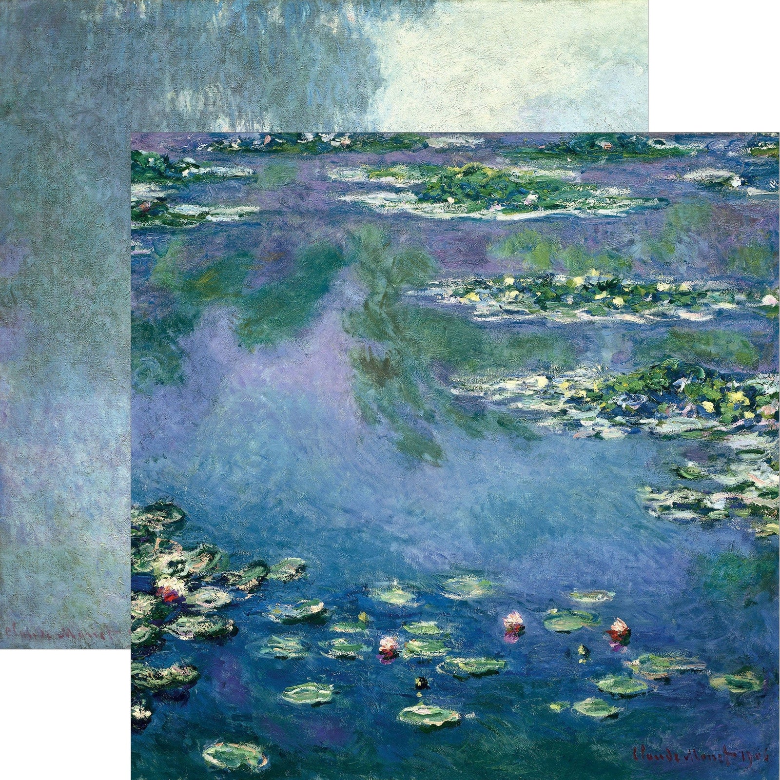 P-2410E - Fine Art - Waterlilies 12 x 12 Scrapbook Paper - Impressionist painting of water lilies floating on a blue-green pond with purple and lavender reflections