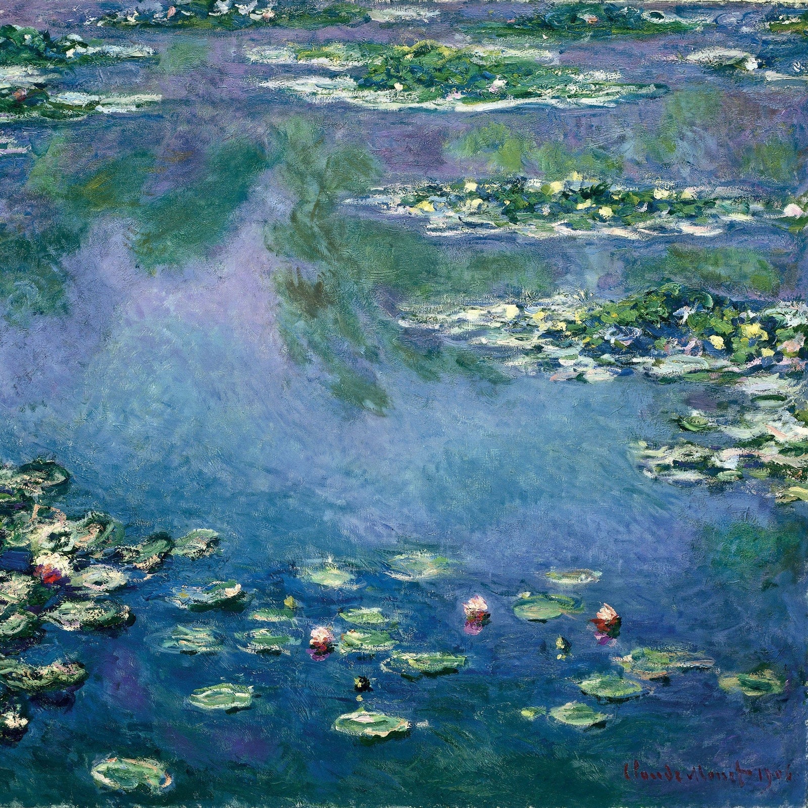 P-2410E - Fine Art - Waterlilies 12 x 12 Scrapbook Paper - Impressionist painting of water lilies floating on a blue-purple pond with green foliage and pink blooms