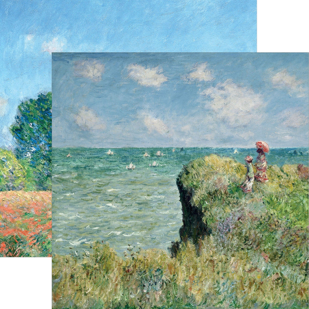 P-2411E - Fine Art - Cliff Walk 12 x 12 Scrapbook Paper - Impressionist coastal scene featuring a woman in a pink dress on a cliff overlooking the sea with sailboats and wildflowers