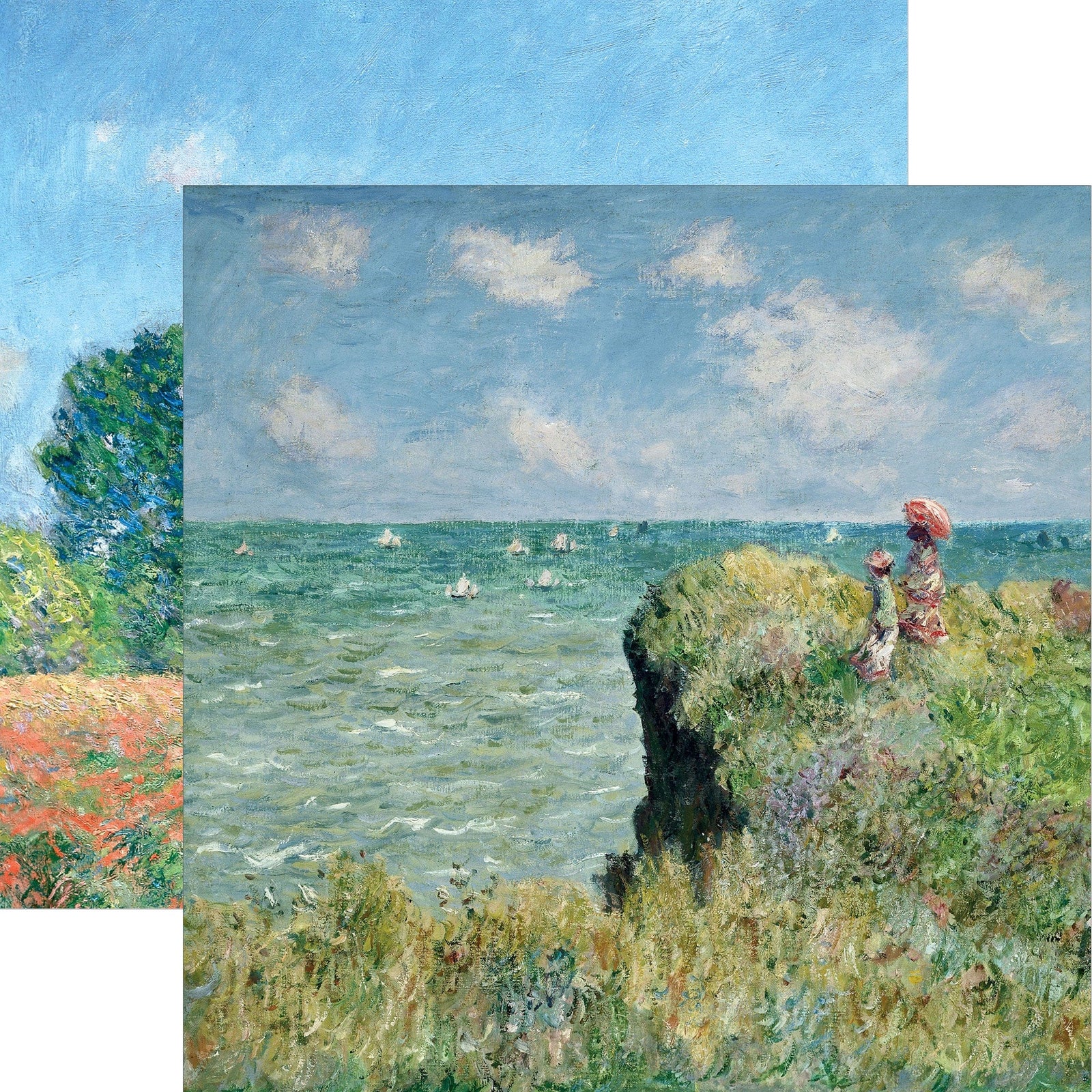 P-2411E - Fine Art - Cliff Walk 12 x 12 Scrapbook Paper - Impressionist coastal scene featuring a woman in a pink dress on a cliff overlooking the sea with sailboats and wildflowers