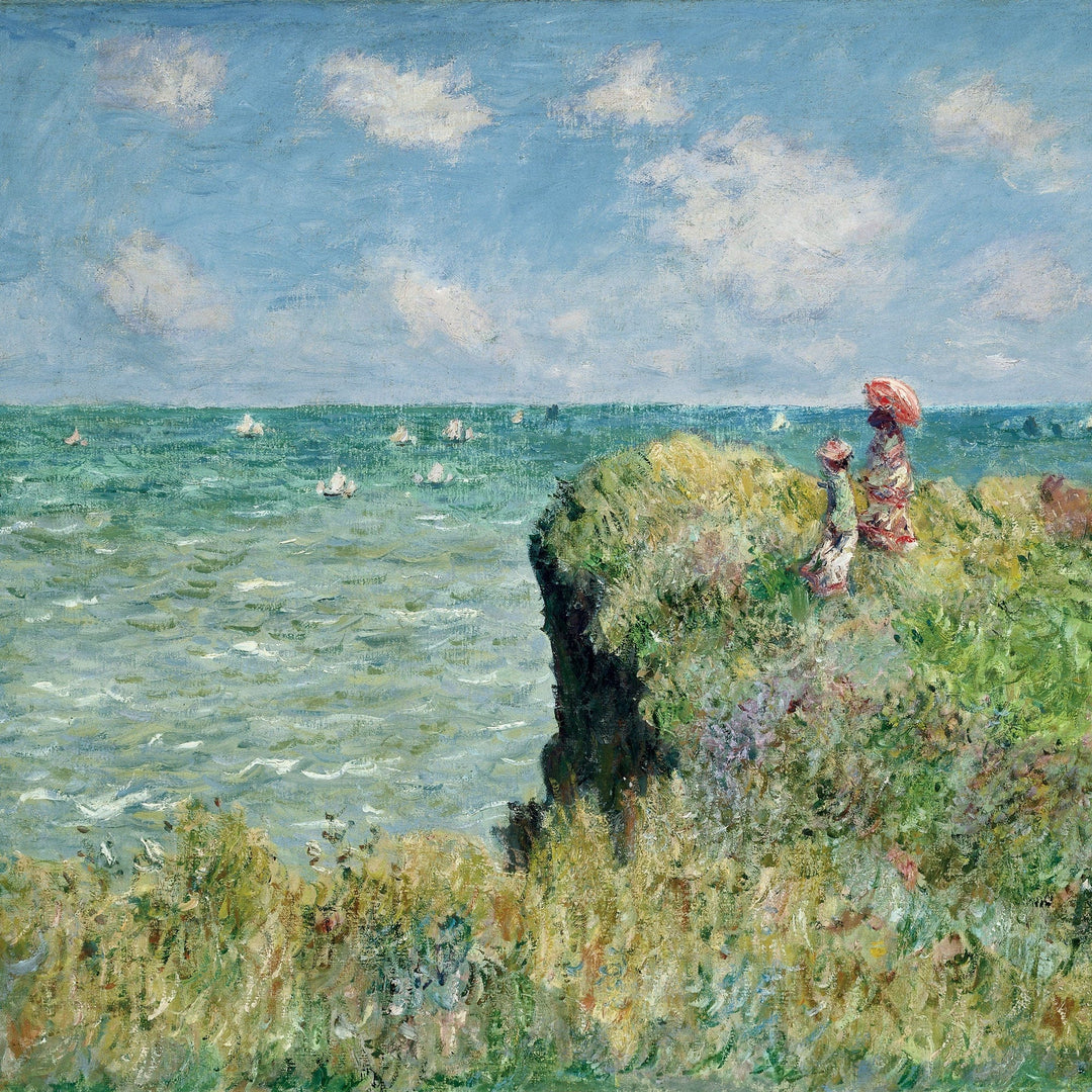 P-2411E - Fine Art - Cliff Walk 12 x 12 Scrapbook Paper - Two figures in Victorian dress stand on a moss-covered cliff overlooking a turquoise sea with white-capped waves under a blue sky with fluffy clouds