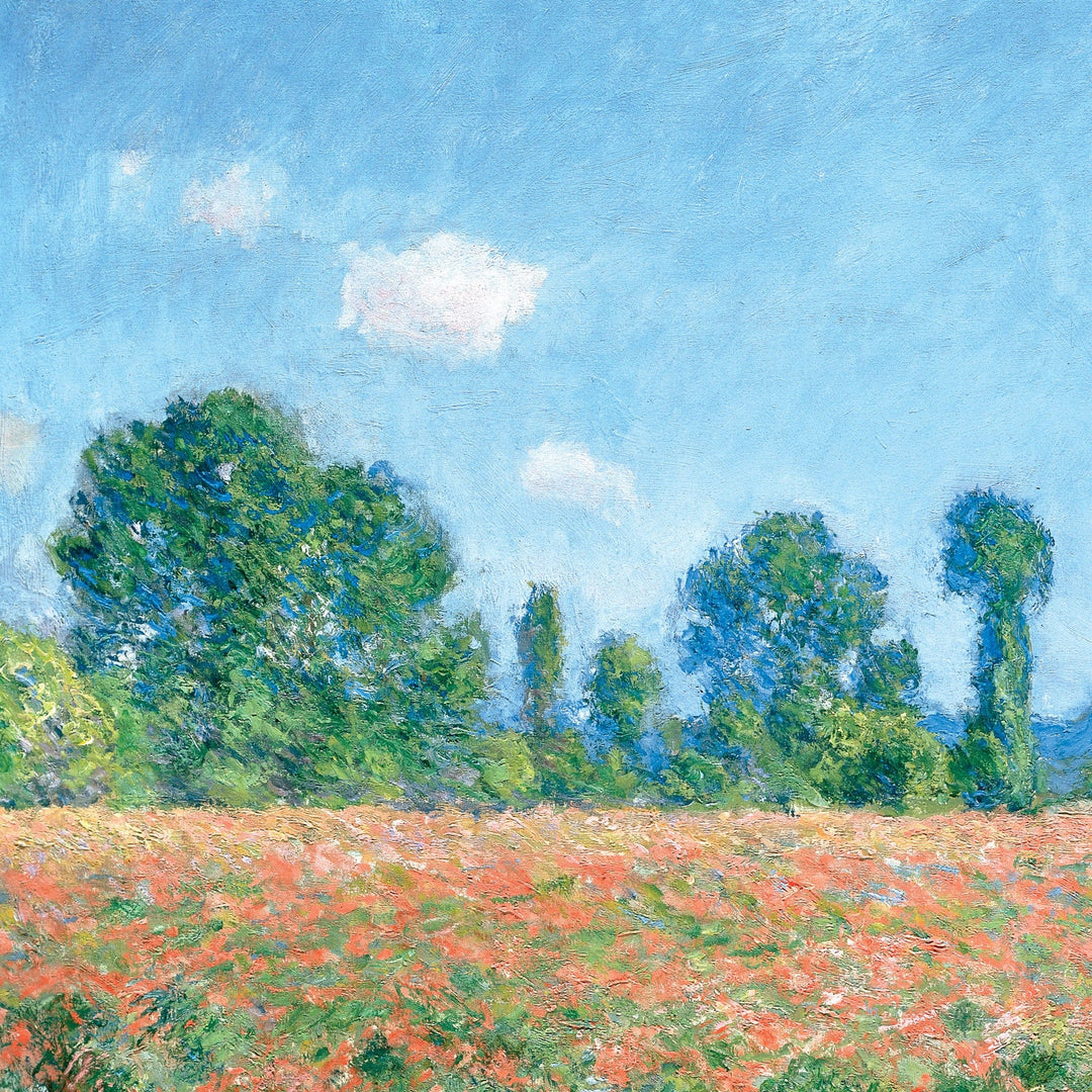 P-2411E - Fine Art - Cliff Walk 12 x 12 Scrapbook Paper - Impressionist landscape painting featuring a vibrant red poppy field with green trees and blue sky with white clouds