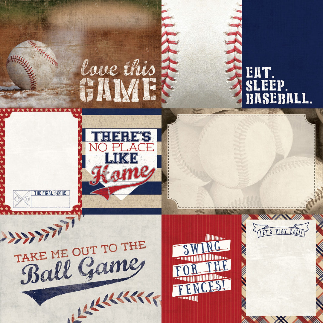 P-2412E - Baseball Tags 12 x 12 Scrapbook Paper - Baseball-themed scrapbook paper featuring red, white, and navy designs with baseballs, stitching, and motivational quotes