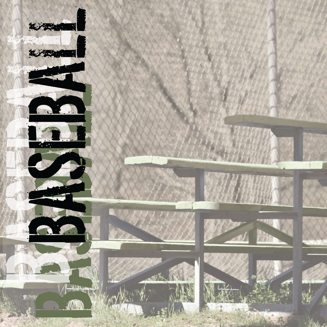 P-2413E - Baseball Scoreboard 12 x 12 Scrapbook Paper - Vertical baseball scoreboard design with black numbers and symbols on white and green background, displayed outdoors