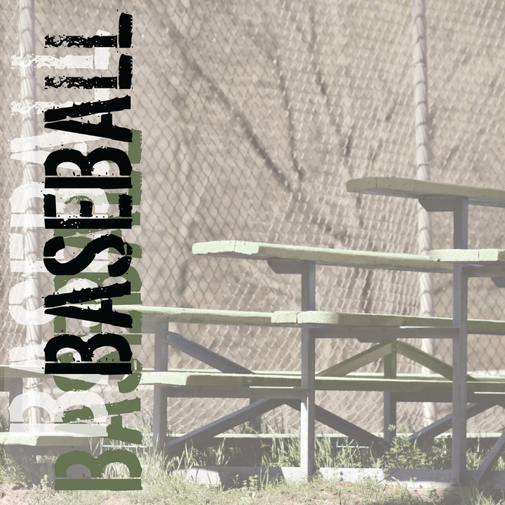 P-2413E - Baseball Scoreboard 12 x 12 Scrapbook Paper - Vertical baseball scoreboard design with black numbers and symbols on white and green background, displayed outdoors