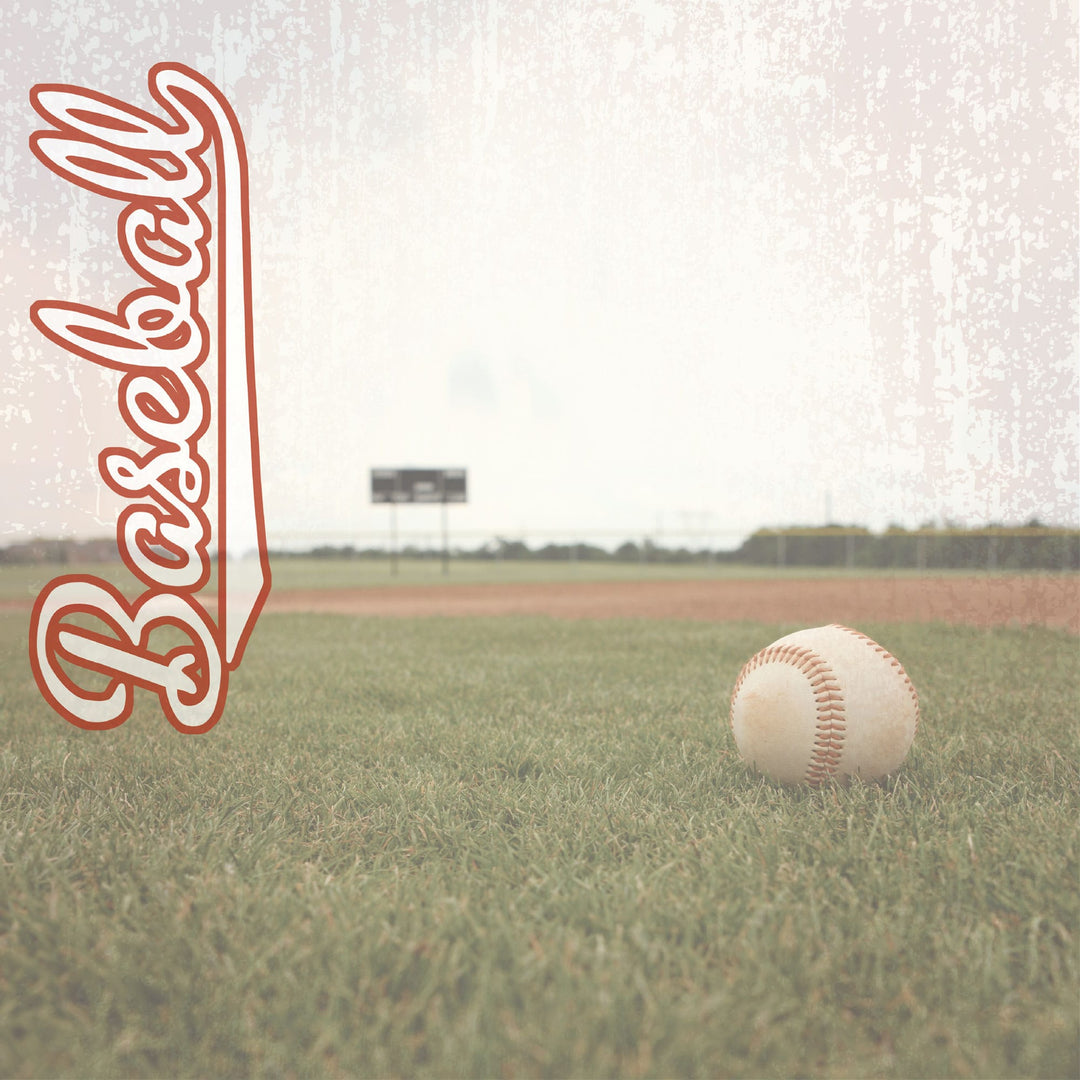 P-2414E - Baseball 12 x 12 Scrapbook Paper - White baseball with red stitching on grass field with red script logo in upper left corner