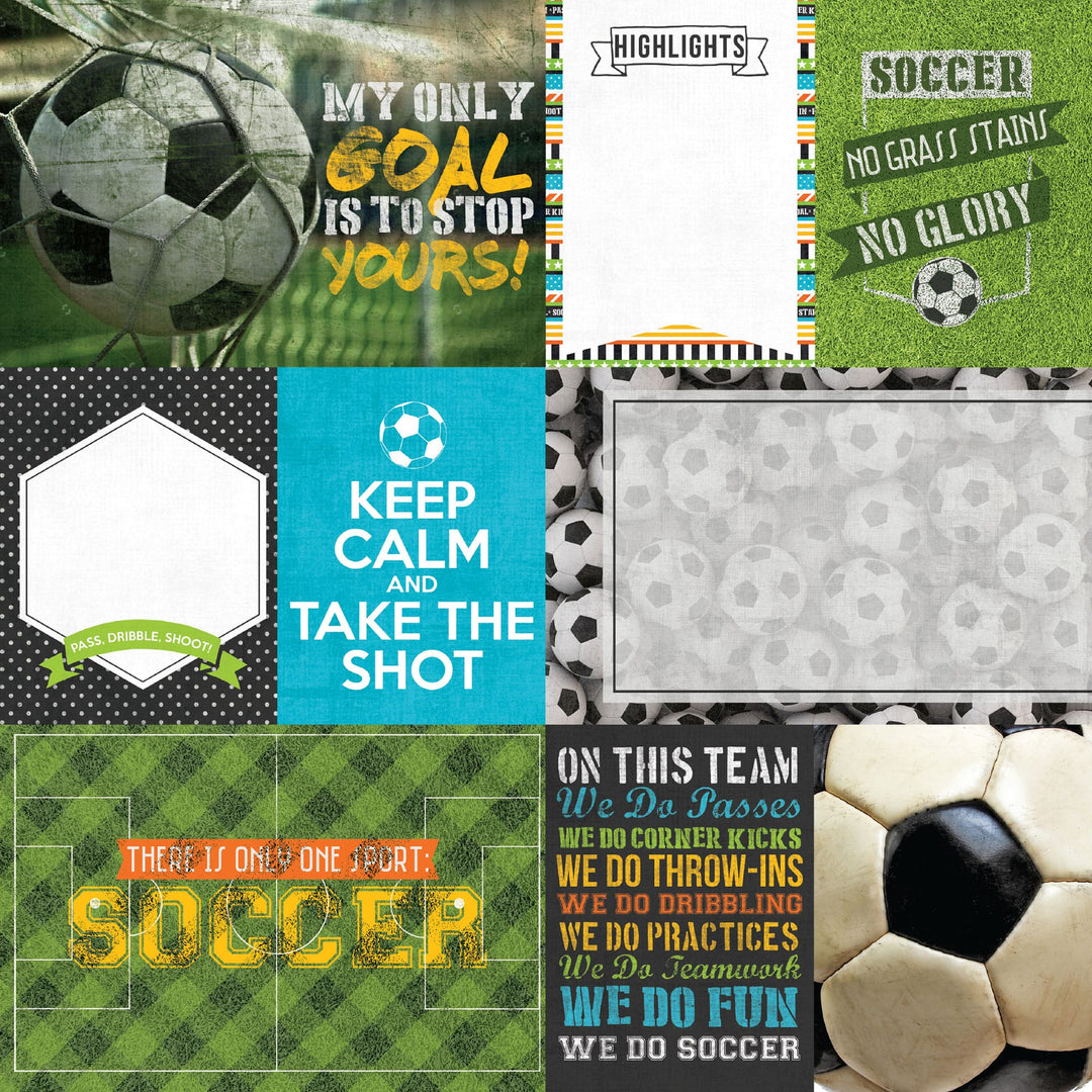P-2415E - Soccer Tags 12 x 12 Scrapbook Paper - Assorted soccer-themed scrapbook paper squares featuring motivational quotes, soccer balls, and field patterns in green, blue, yellow, and black