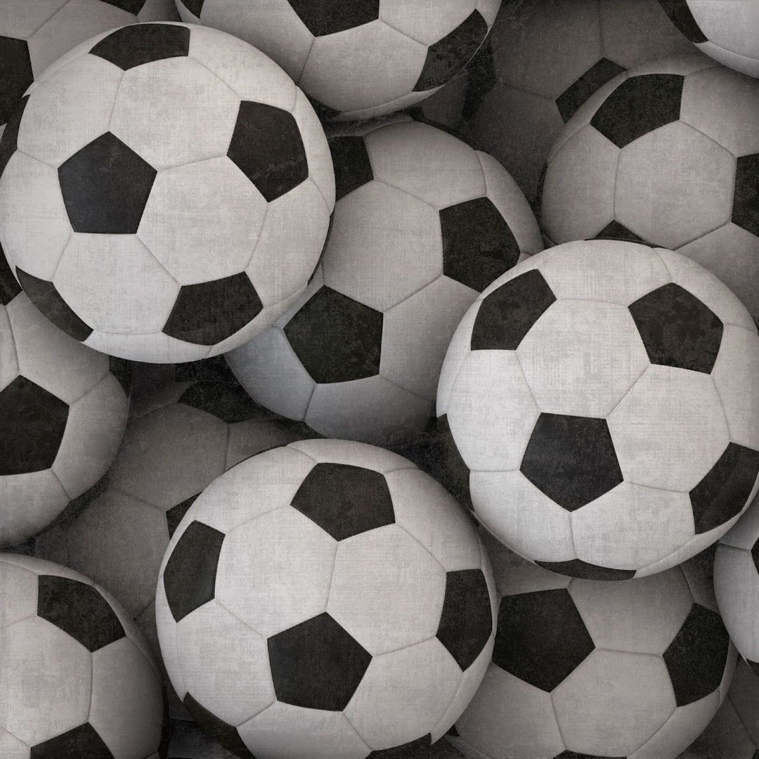 P-2416E - Soccer Cleats 12 x 12 Scrapbook Paper - Multiple black and white soccer balls stacked together showing classic pentagon and hexagon panel pattern