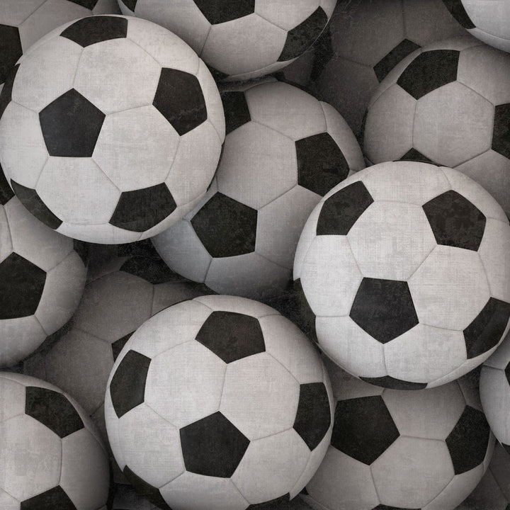 P-2416E - Soccer Cleats 12 x 12 Scrapbook Paper - Multiple black and white soccer balls stacked together showing classic pentagon and hexagon panel pattern