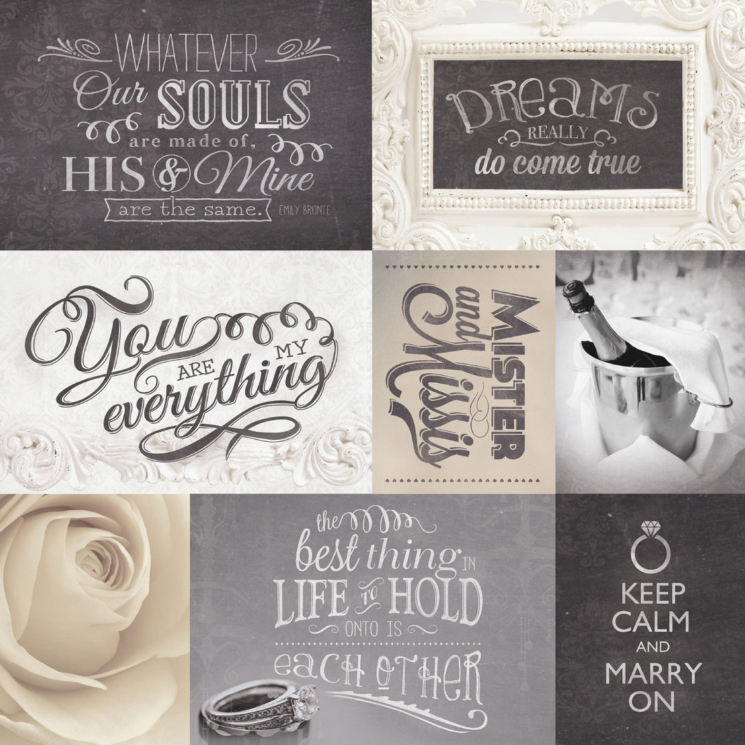 P-2418E - Wedding Tags 12 x 12 Scrapbook Paper - Collage of nine romantic wedding-themed designs featuring inspirational quotes, rings, roses, and champagne in cream, gray, and black tones